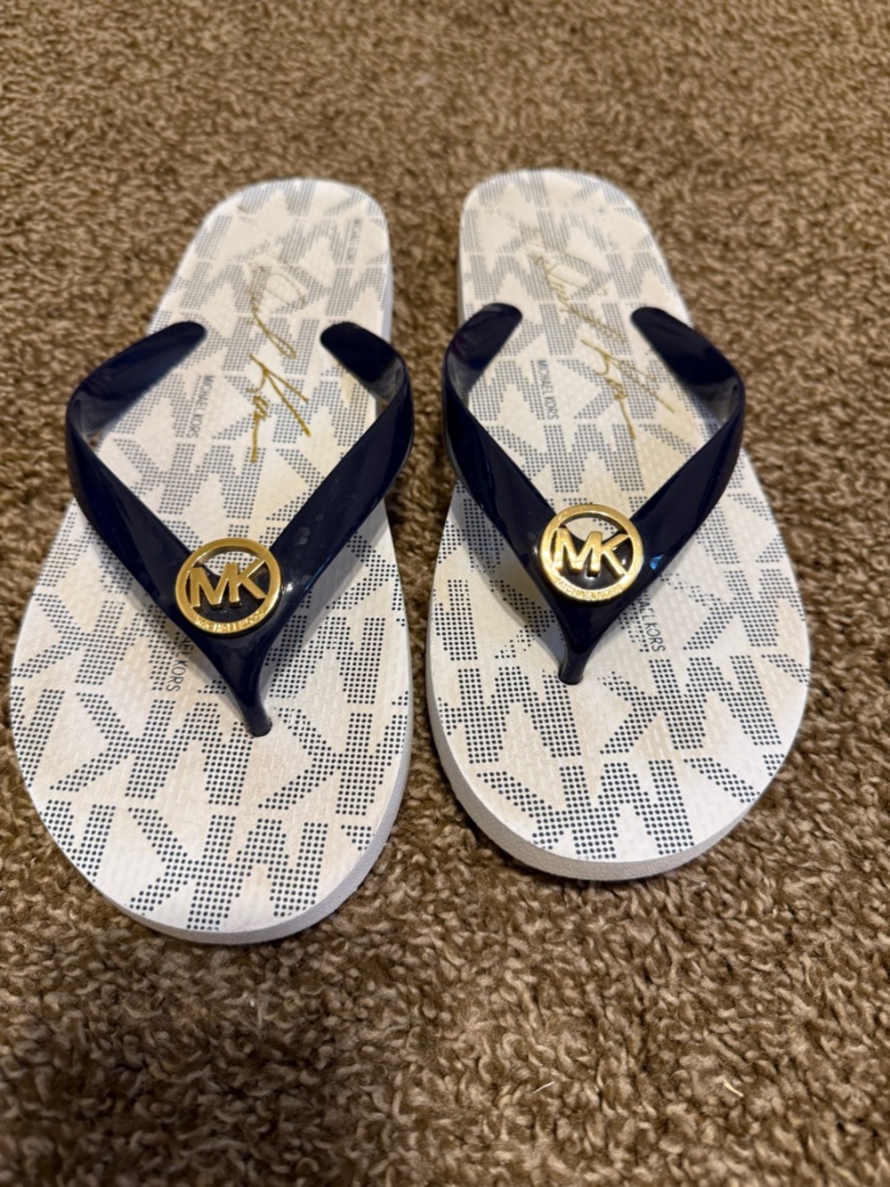 Michael Kors White Footbed Navy Straps MK Logo Sandals Womens 10